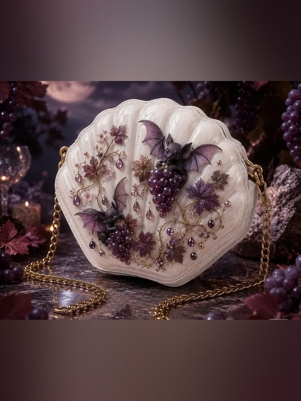 White Shell-Shaped Evening Bag with Purple Bat and Grape Embellishments